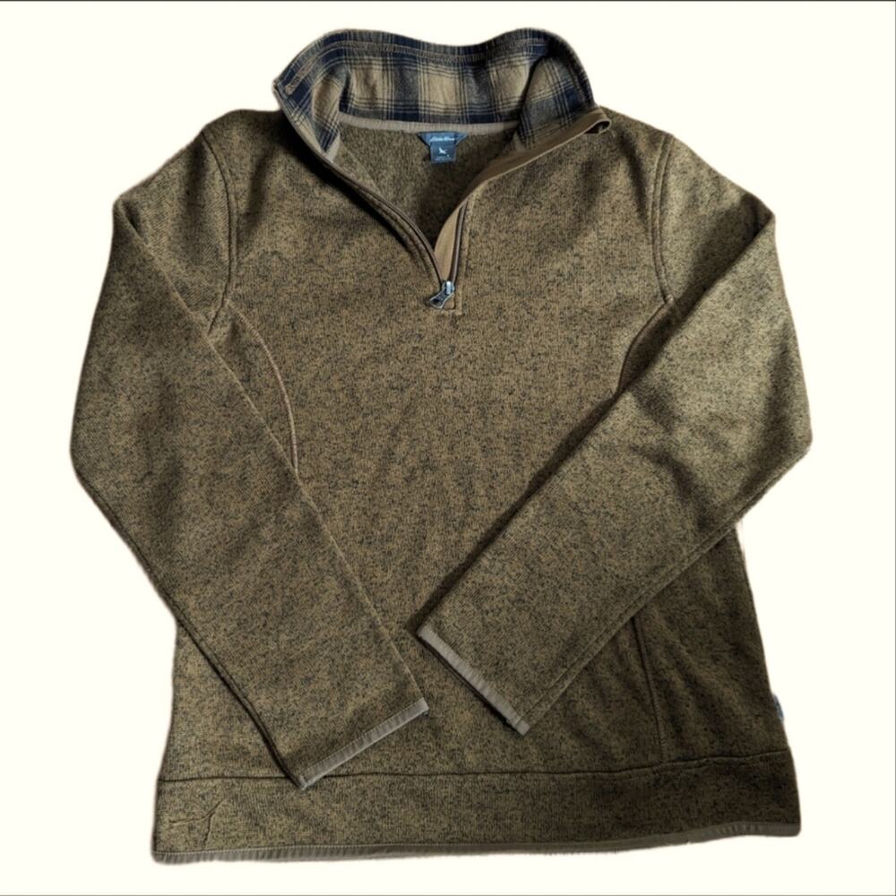 Eddie Bauer Warm Brown Plaid Accent Pullover 1/4 Zip Fall Outdoor Sweatshirt